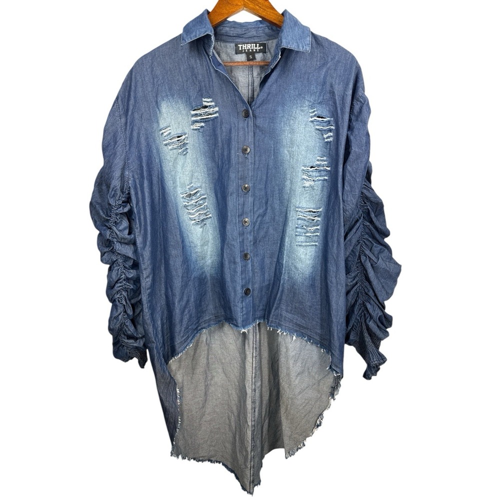 Thrill Jeans Denim Shirt Dress Ruffle Sleeve‎ Distressed High Low Hem Small